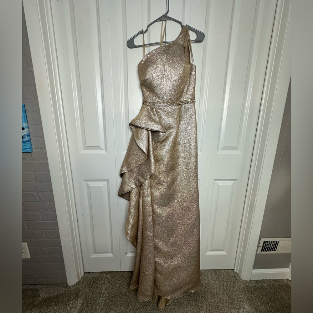 Mac Duggal 66975 Long One Shoulder Metallic Gown Oyster